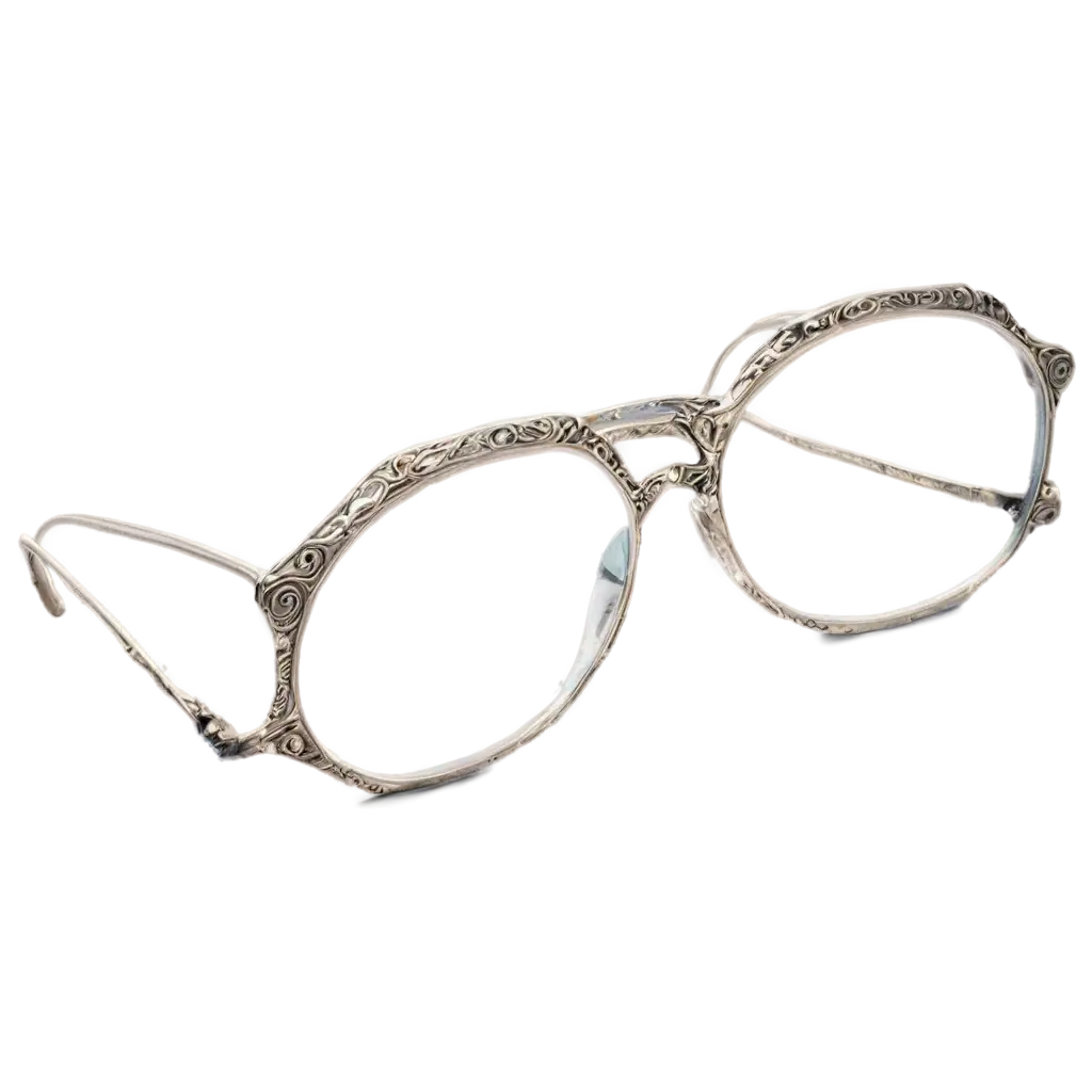 A pair of finely crafted spectacles with thin, ornate silver frames. The lenses shimmer with a faint, otherworldly glow, as if infused with arcane energy. Delicate runes are etched along the temples, hinting at their magical nature. The glasses rest upon an ancient, open tome filled with cryptic, glowing script, partially deciphered as the lenses work their magic. A soft mystical light surrounds the glasses, giving them an aura of knowledge and power. The background is a dimly lit study, lined with bookshelves filled with ancient tomes, scrolls, and arcane artifacts, evoking the feeling of deep scholarly exploration.