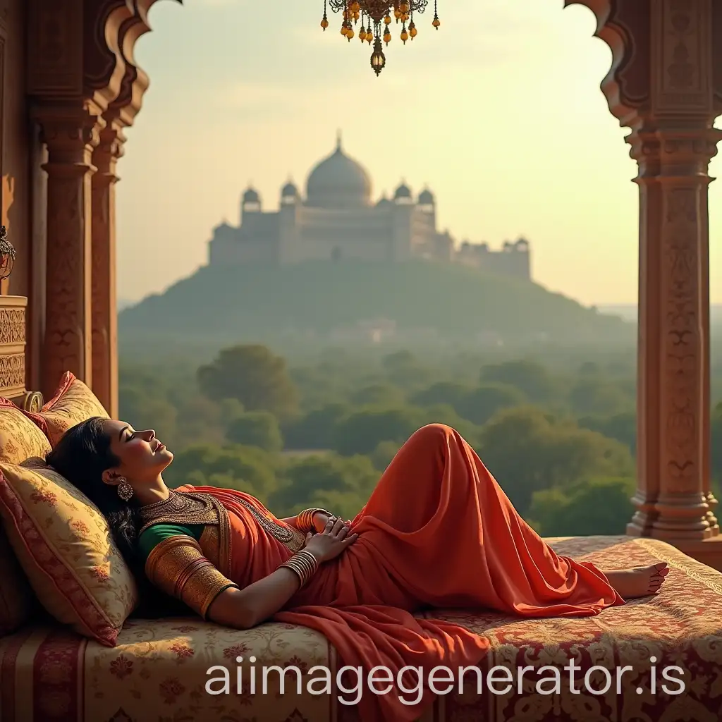 Royal-Tamil-Queen-Reclining-on-Luxury-Bed-with-Gingee-Fort-Hills-in-Background