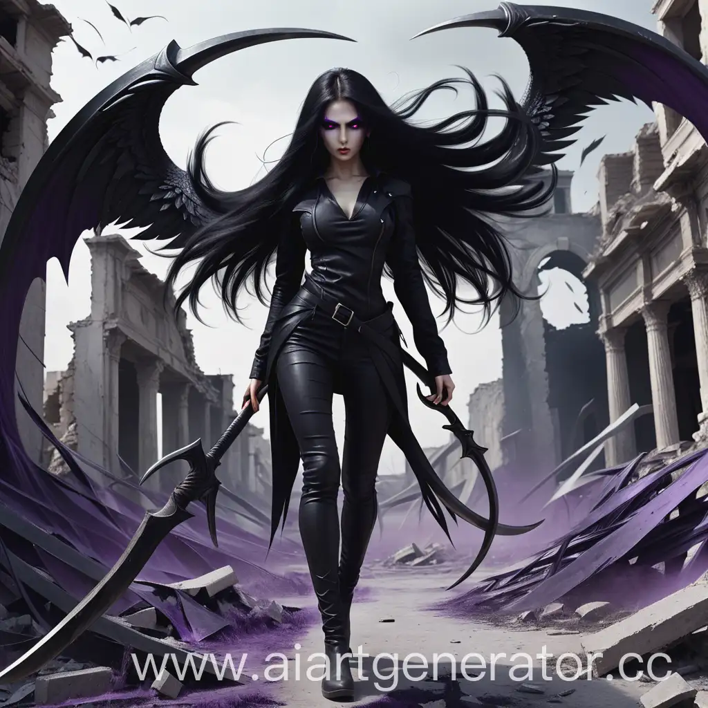 BattleReady-Woman-with-Scythe-and-Wings-in-Ruins