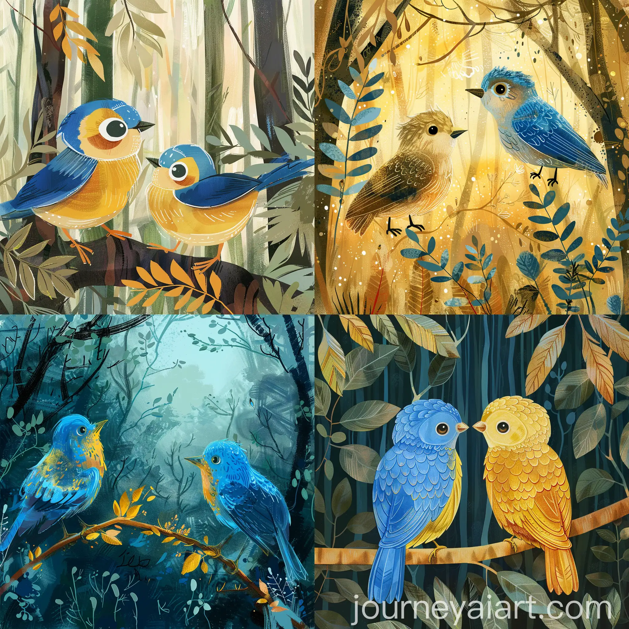 Illustration-of-Two-Blue-and-Golden-Birds-in-a-Forest