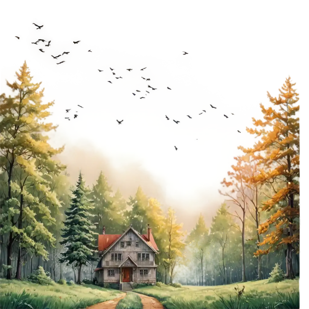 Stunning-PNG-of-a-Serene-Forest-with-a-House-and-Birds-in-the-Morning-Sky