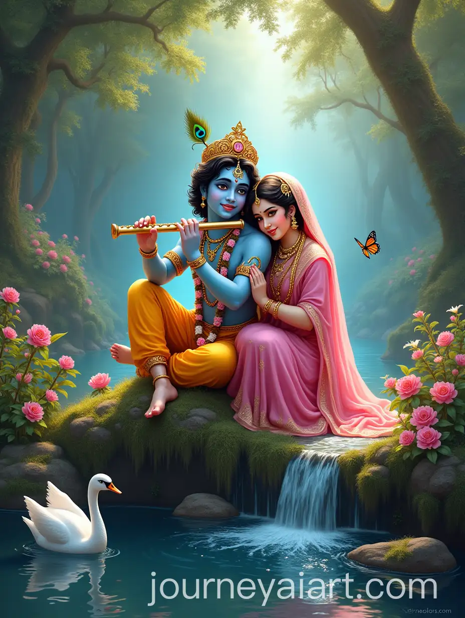 Krishna-and-Radha-in-a-Verdant-Sanctuary-with-Swans-and-Peacocks