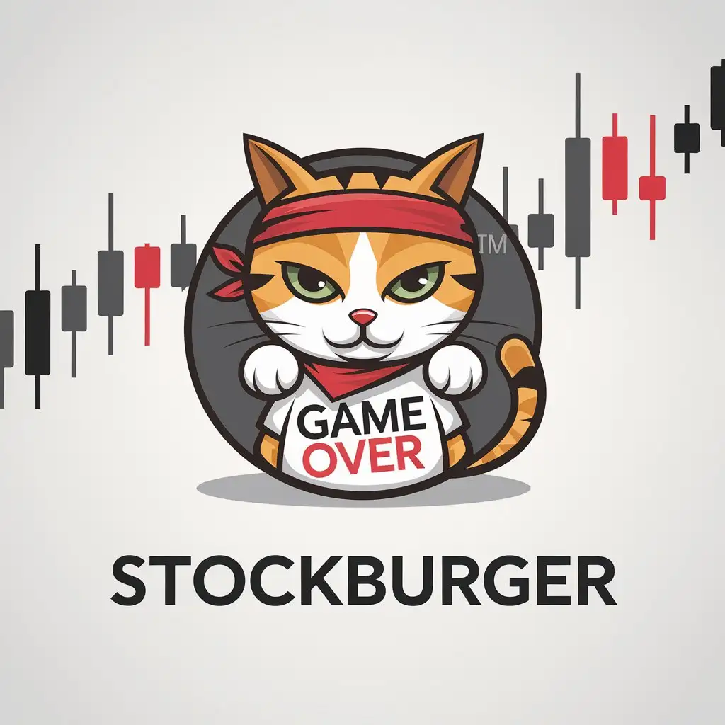 LOGO Design for StockBurger Cat with Red Bandana and Game Over TShirt with Trading Candles Theme