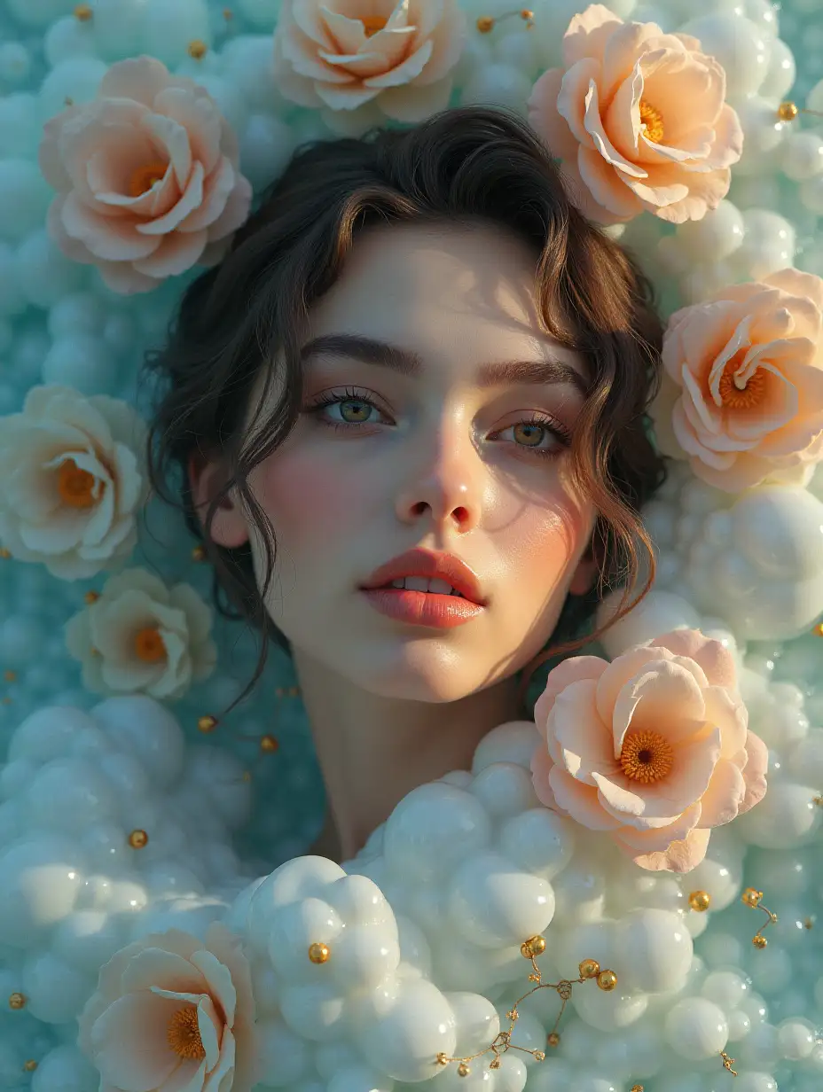 surreal autumn woman's fashion portrait ocean wave rock gloss, inside a marble panel, 3d style, sharp focus, reflections, flowers, pearls, gradient stains, close up studio photo