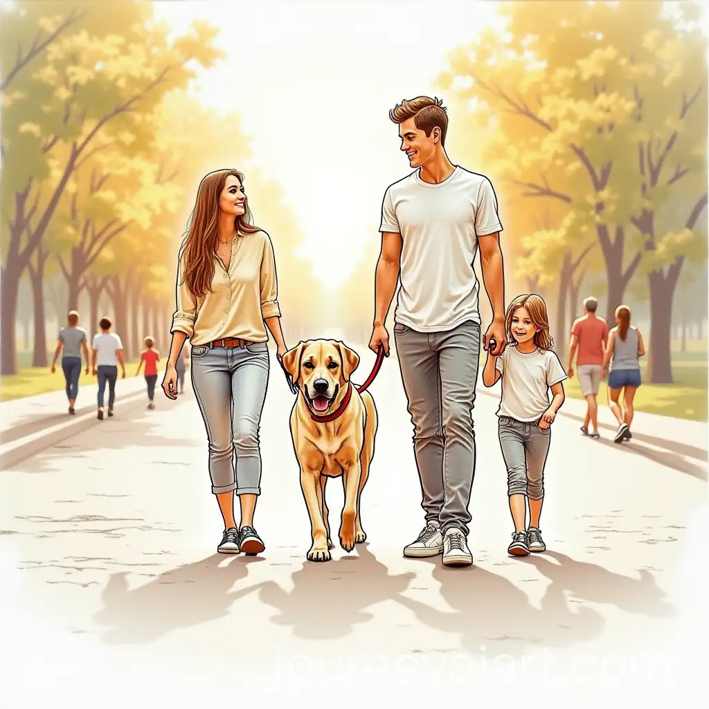 Young-Family-with-a-Labrador-Walking-in-a-Peaceful-Urban-Park-at-Sunset