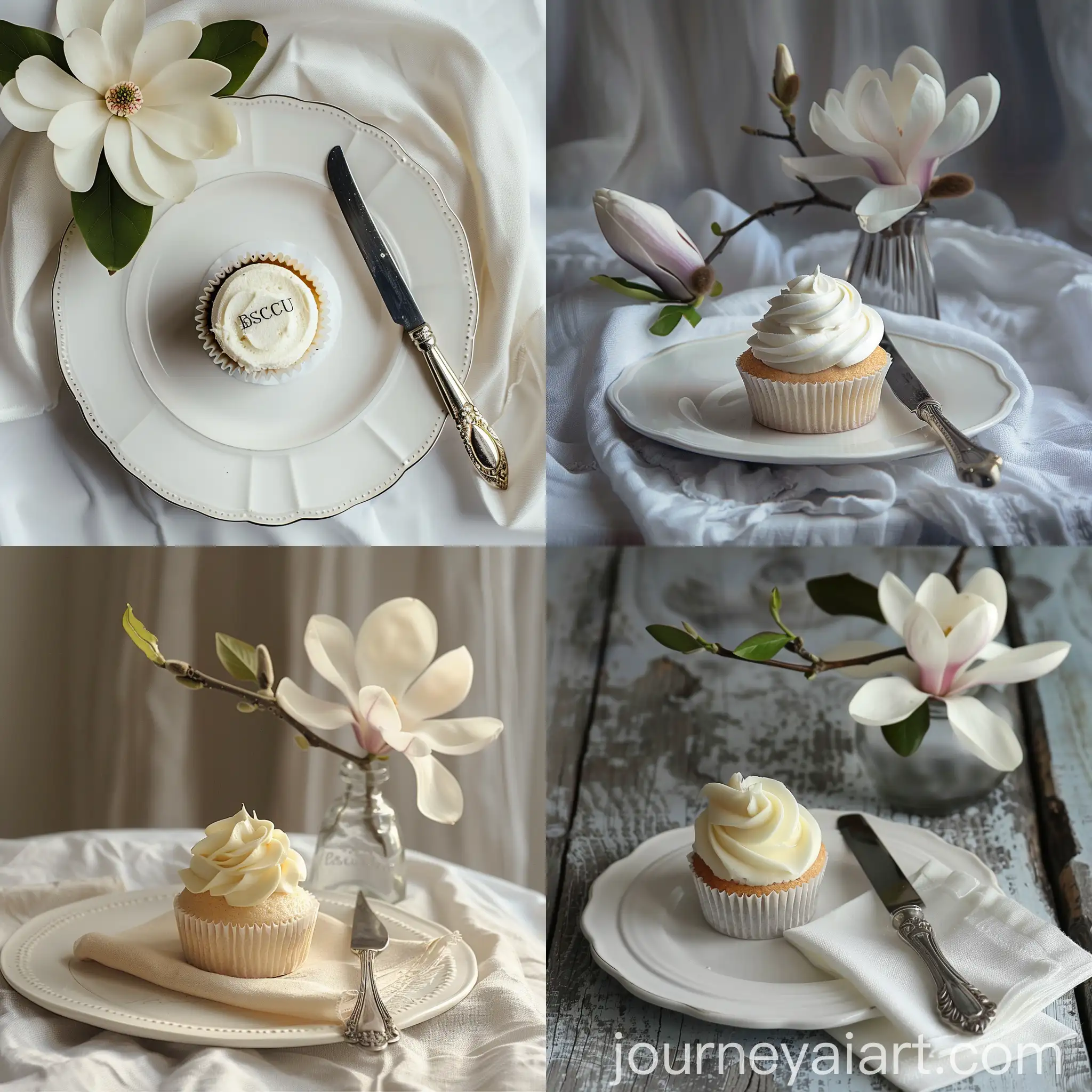 White-Cupcake-with-Magnolia-Flower-and-Silver-Knife-on-Napkin