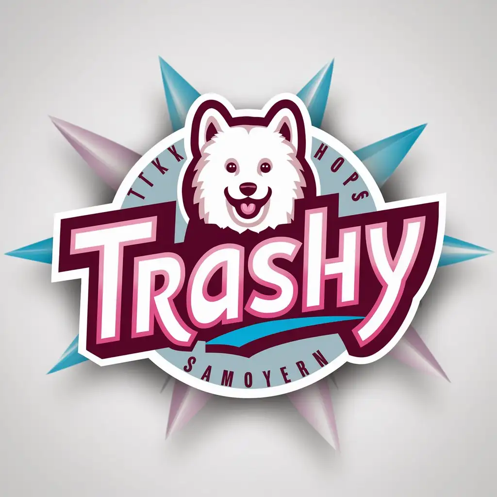 a logo design,with the text "trashy", main symbol:cute Samoyed, pink and blue, bullets,complex,clear background