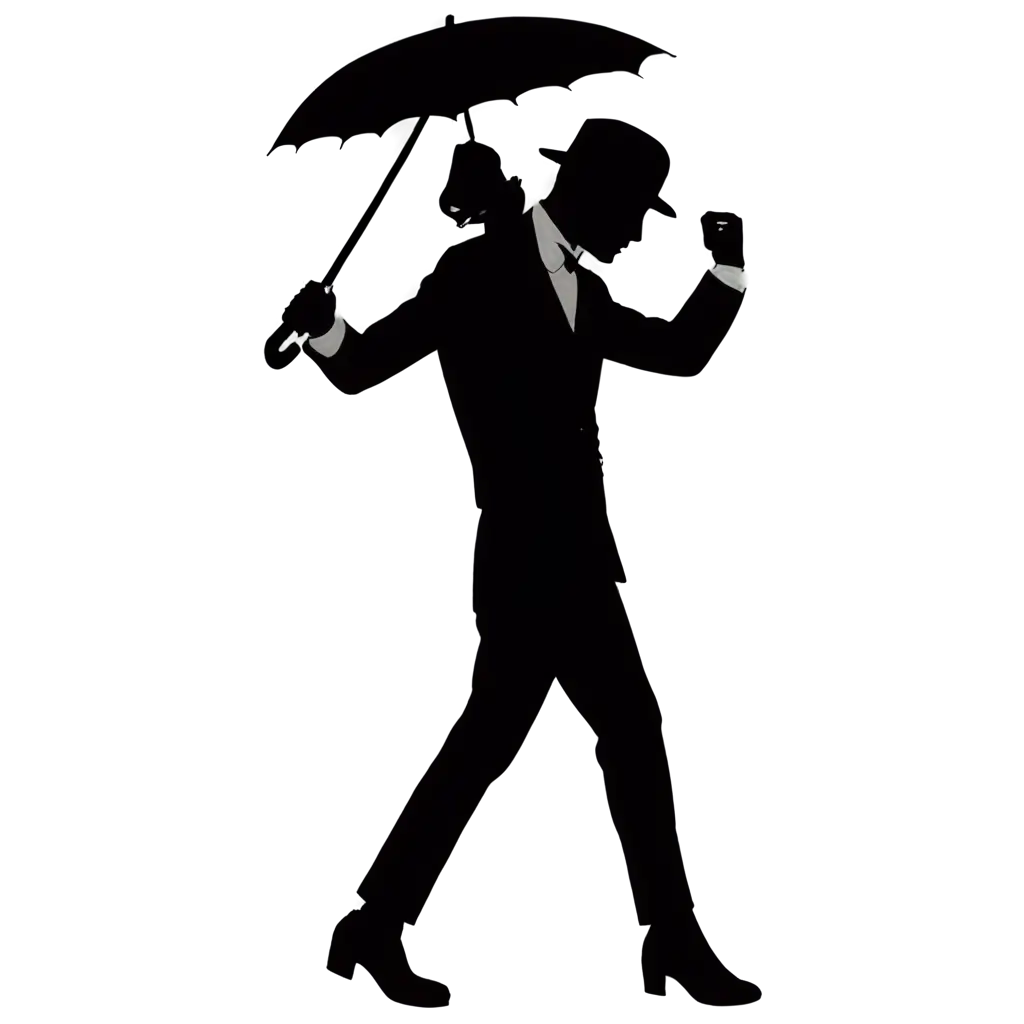 black silhouette of gene kelly dancing with an umbrella in the rain