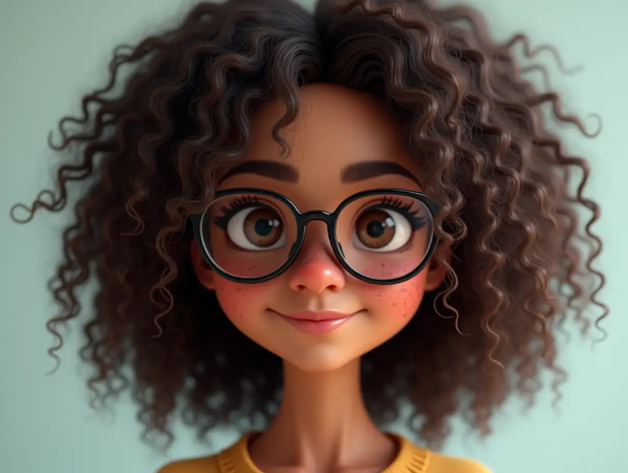 short light skinned black female, long curly with no frizz brown hair, glasses, freckles, brown eyes, no imperfections 3d