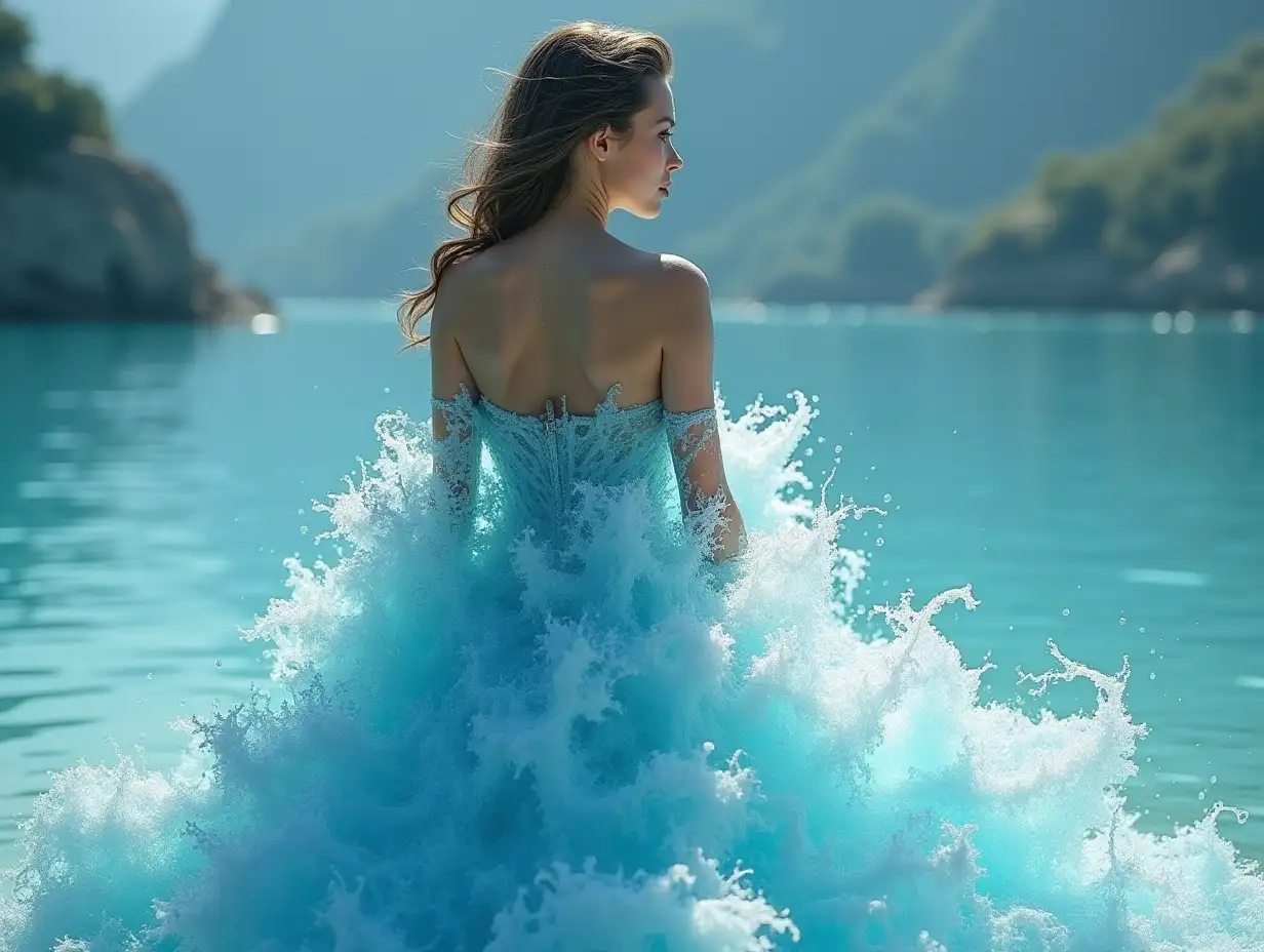 Woman in an elaborate water dress made entirely of water waves, strapless, styled by Dmitry Kostanovich, Photoshop, Felicia Semyon, UHD photo, Ekaterina Panikanova, bright and shiny, HDR, dynamic mode, 32kb, sharp focus. by Sasan,8K, 3D,high quality.