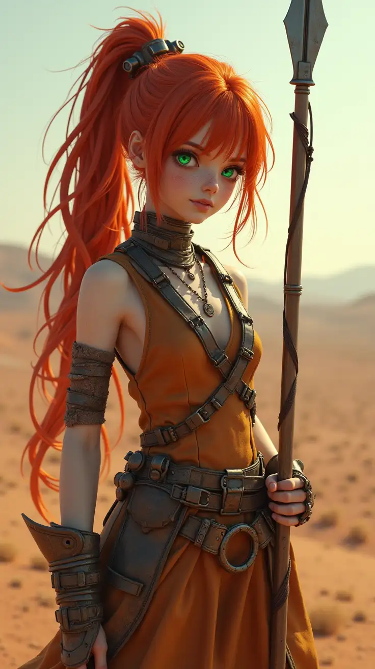 1 girl, Masterpiece, 4k, ultra high detail, 18yo, petite, small breast size, red-orange wild ponytail hair, fcNeg, stunning emerald green eyes, freckles, white skin, small nose, innocent beauty, slim petite face,  skinny petite body, red hair, Fullbody,  Warm Wasteland clothes made from metal and leather scrap, used leather chest clothes, dirty clothes, holding thin long metal spear, ready to fight, fighting scene,  Cold Desert theme, red dustclouds in sky, very low vegetation, martial arts style