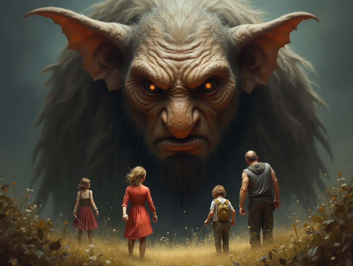 Critter-Fantasy-Family,Man,Woman, and Children, giant ERDMANN face