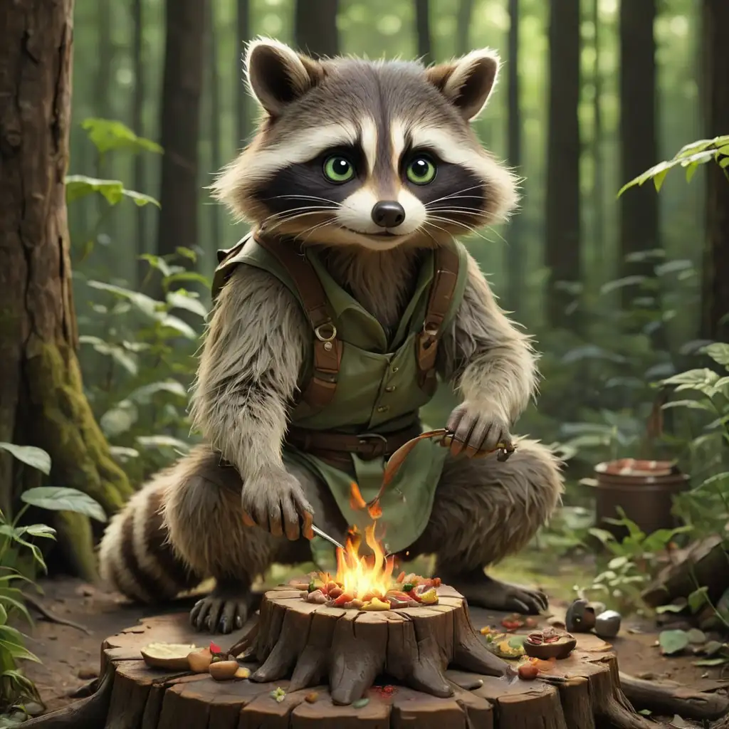 Forest Chef Raccoon Cooking on Stump