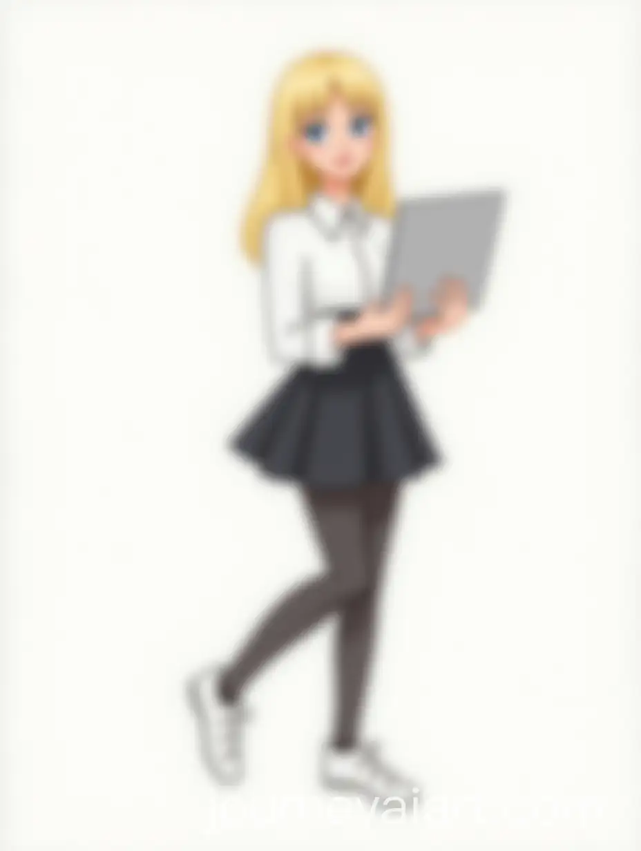 Young-Woman-in-Graduation-Shirt-and-Skirt-Holding-Laptop