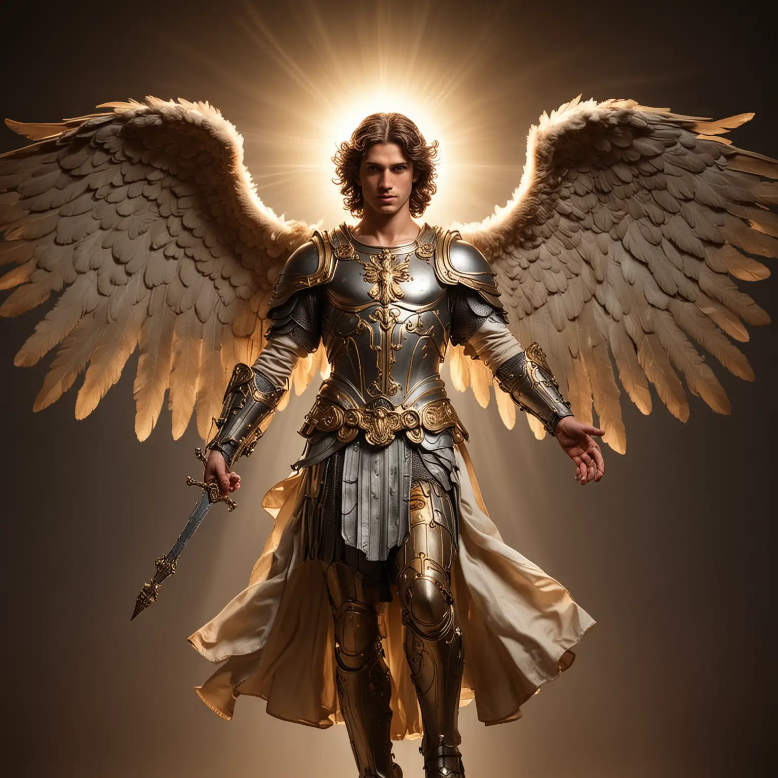 create a wonderful full body shot picture of the Archangel Michael, beautiful lighting around him,