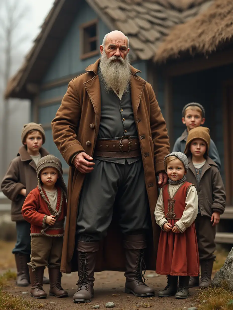 Bald Russian merchant of the 19th century, stands in front of his house surrounded by children, high detail of figures and faces