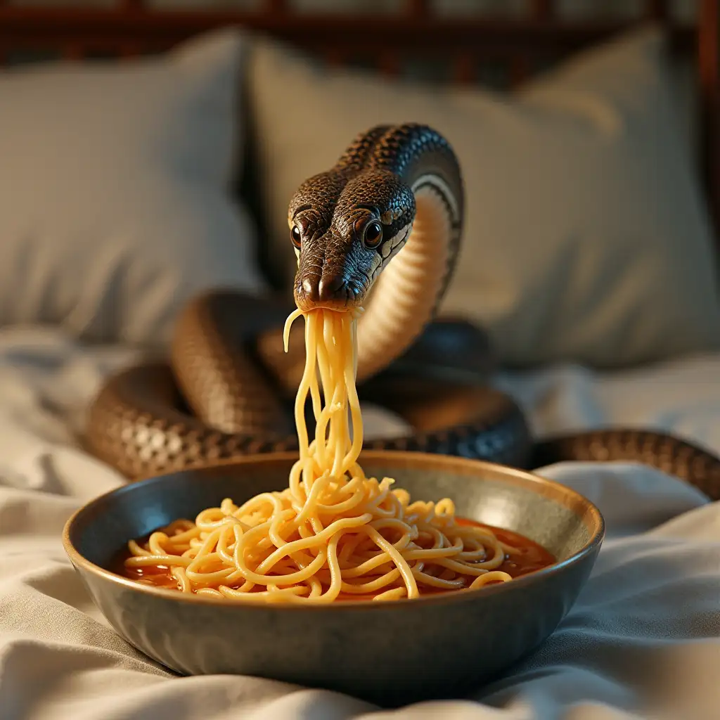 a realistic and humorous scene of a snake eating a bowl of ramen noodles showing the snake slurping the noodles like a human.the setting is cozy, with a bed and pillows in the background, adding a surreal and funny twist to the image.