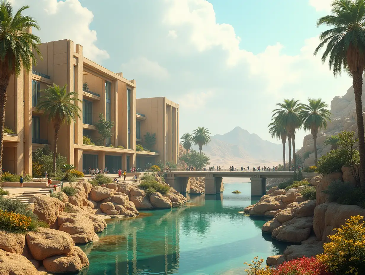 Create a realistic high-resolution panoramic image 4k resolution of a large futuristic terrace building settlements with window bridge, many people, many plants and colorful flowers yellow and green facades in front of the desert oasis, large trees, very cloudy sky