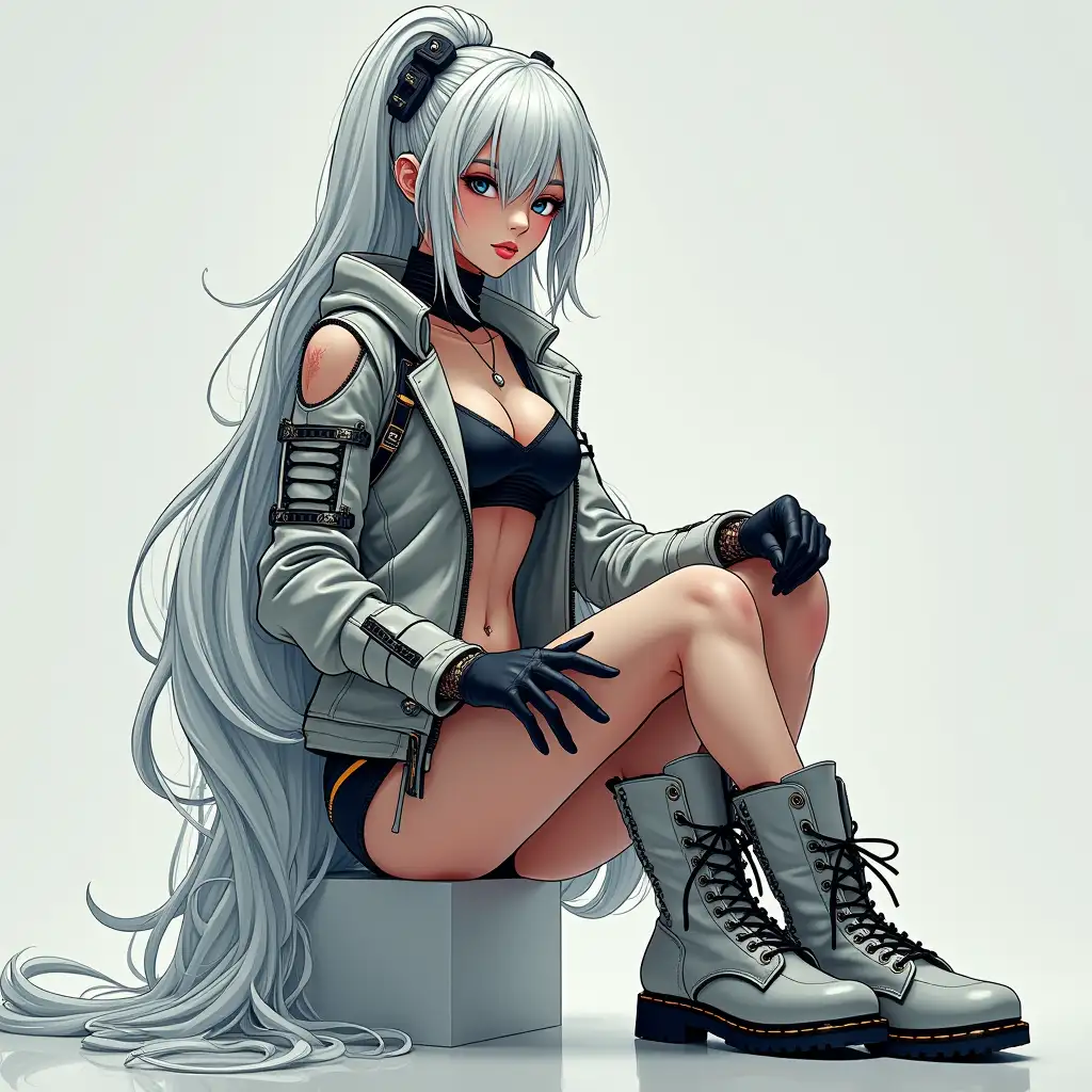 Depiction of a beautiful white woman with long mixed white-black hair in a futuristic style and laced boots