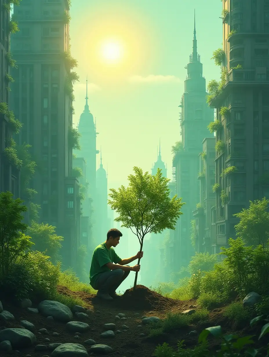 A person planting a tree in a futuristic city, full of green buildings and solar energy. The rays of the sun illuminate the scene, creating an atmosphere of hope and renewal. Artistic style: magic realism. Colors: vibrant greens, light blues and touches of gold.