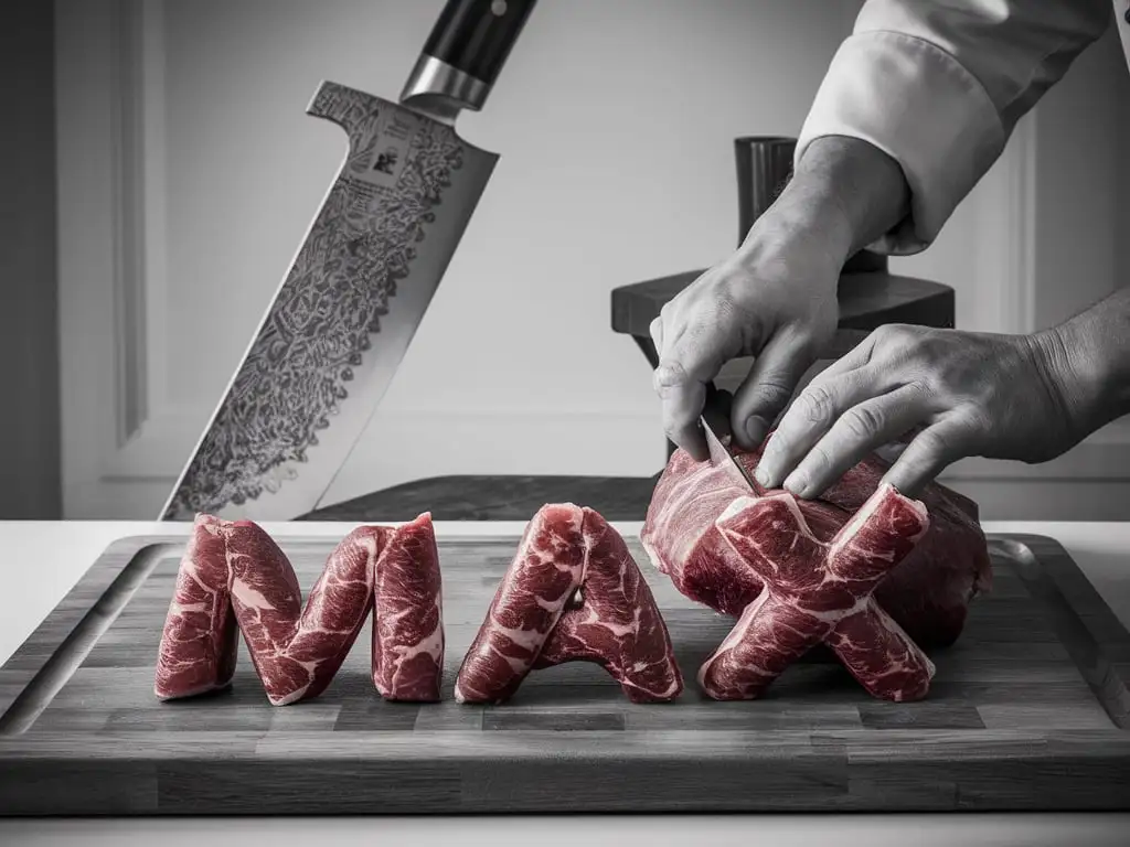 Cutting the meat in the kitchen with a big knife with each piece of the letters Max on the wooden board --seed 12345- --v 5