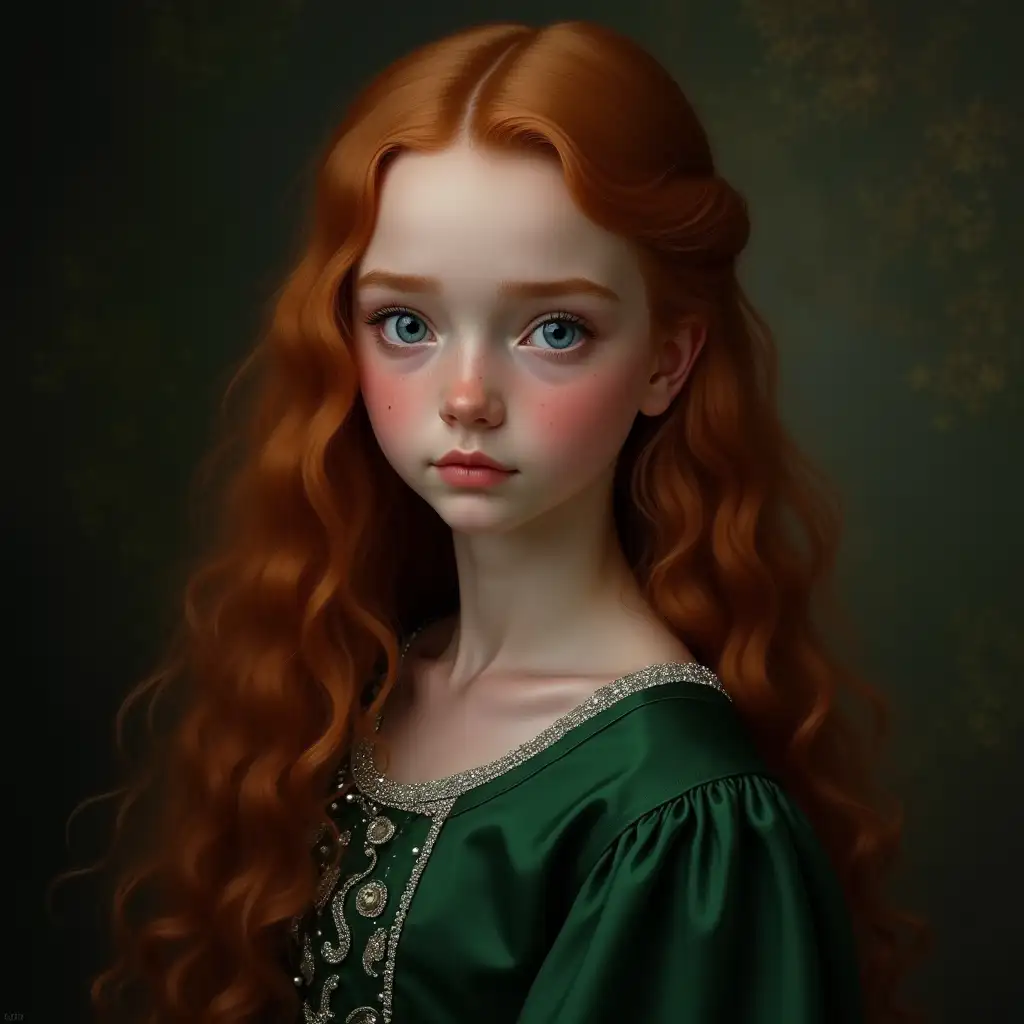 Daughter of Severus Snape (Portrayed by Alan Rickman) and Lilly potter, half twin of Harry potter, gorgeous lá, waistlong ginger hair, beautiful big blue eyes, cute light freckles across her cheeks and nose, Ravenclaw,15 years old, yule ball, in green and silver satin ballgown 