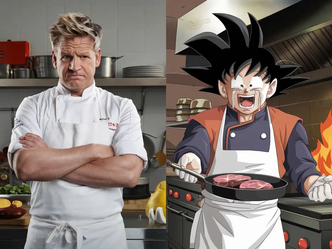 Gordon Ramsay arms crossed and angry expressive on the left, Goku crying expressive on the right, Goku wearing chef uniform and apron, Goku holding a pan and cooked meat in the grilled, fire in the grilled, looking at another, at the kitchen, photorealistic