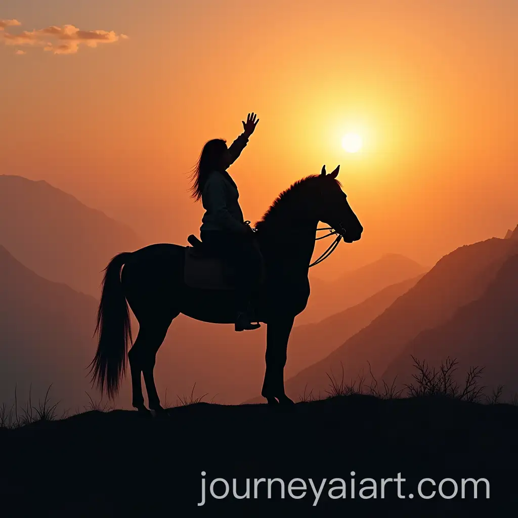 Woman-Riding-Black-Horse-on-Mountain-Top-at-Sunset