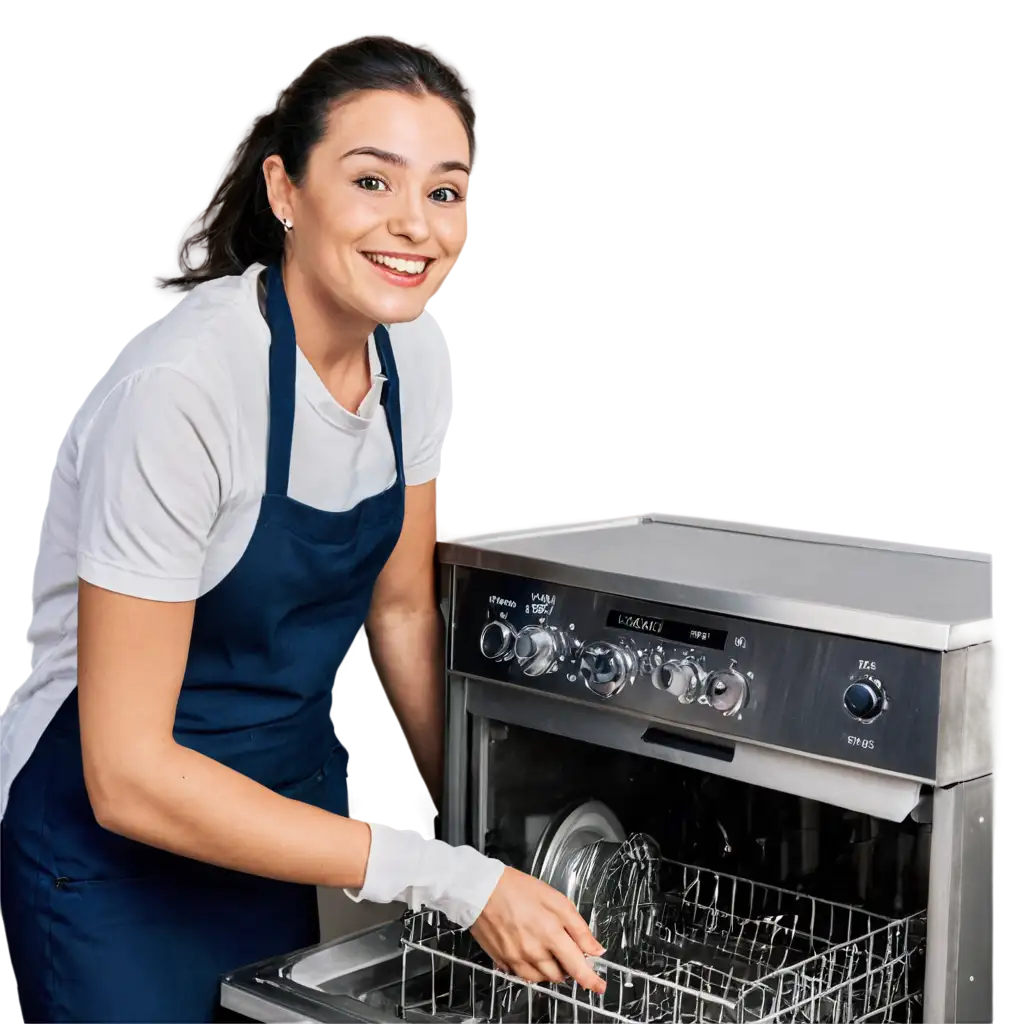 Dishwasher in a restaurant is smiling and washing dishes