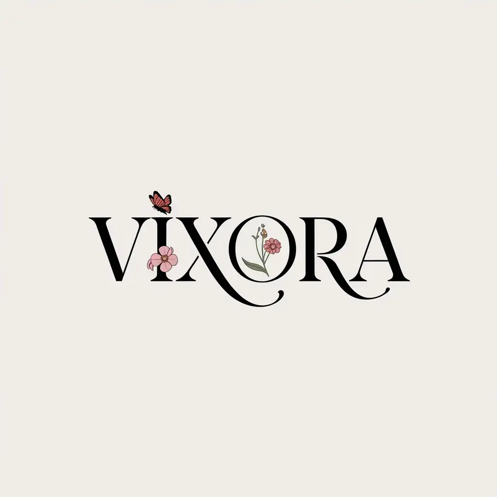 a vector logo design,with the text "VIXORA", main symbol:Elegant font, classical font, IXORA, dragon boat flower, little butterfly,Minimalistic,be used in Beauty Spa industry,clear background