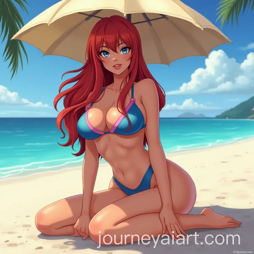 AI-Image-Prompt-ExpansionRias-Gremory-Relaxing-on-the-Beach-Under-an-Umbrella-in-a-Blue-and-Pink-Bikini