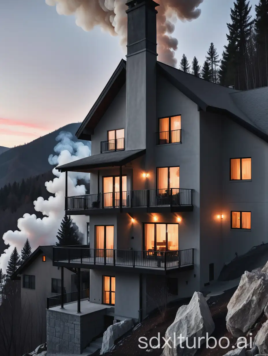 a two-story house with a balcony and large windows on the mountain with two chimneys releasing light gray smoke in the twilight