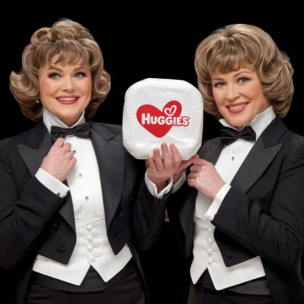 Two matching sweet beautiful middle-aged smiling busty fat obese body type with large wide hips Caucasian white female woman, with short dark blonde tight curly 1980s hair with curly bangs, wearing a very formal orchestra concert tuxedo with black long sleeve high cut cropped Eton jacket, white cropped tuxedo shirt, with tight very high standing Gladstone wingtip collar, and many thick vertical pleats front, black diamond point bow tie with black very thick wide adjustable neckband, black cummerbund, black tight high-cut spandex brief, nylons, one women facing the viewer while tugging on her bow tie, standing on a stage, presenting a large white with red lettering plastic rounded package of Huggies DIAPERS, full body front view.