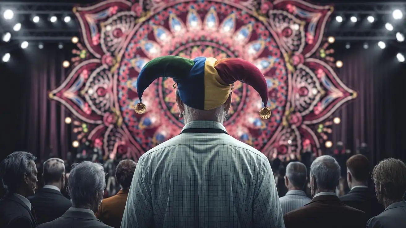 Photograph of An eerie salesman with a funny colorful jester hat on stage looking at a group of dull people, huge mandala in the back, lights on stage, realistic, highly detailed