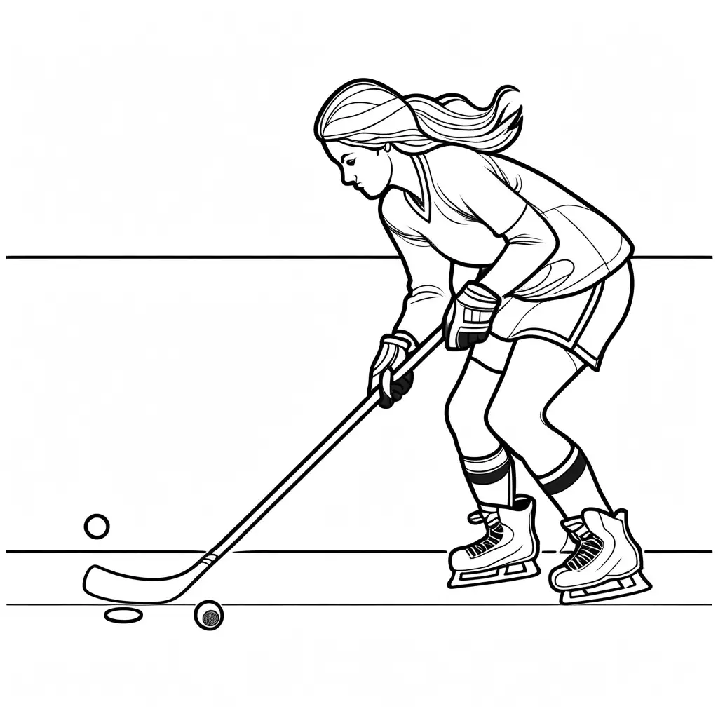 Woman-Playing-Hockey-Coloring-Page-Black-and-White-Line-Art