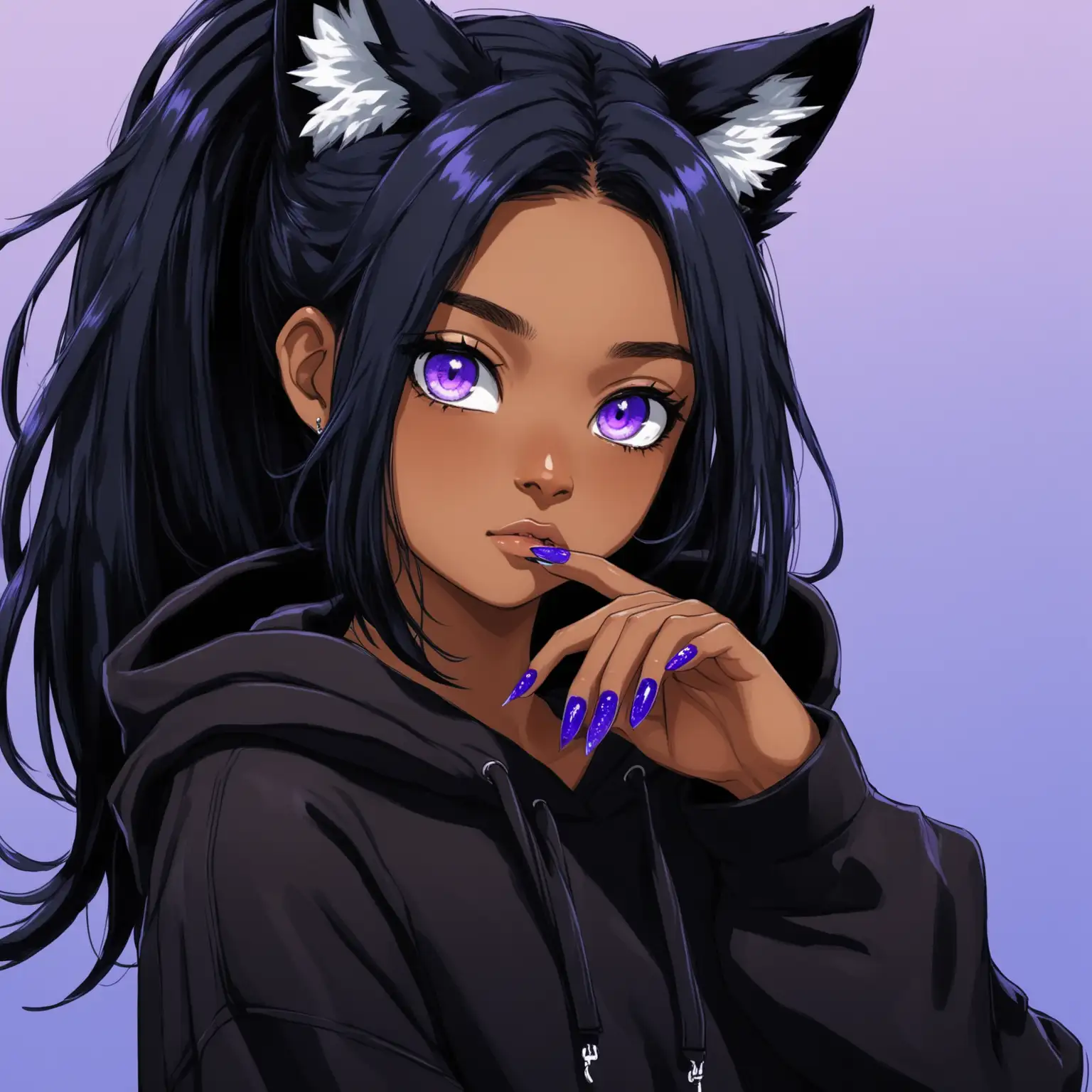 Teenage Girl with Wolf Ears in Black Hoodie and Long Blue Nails