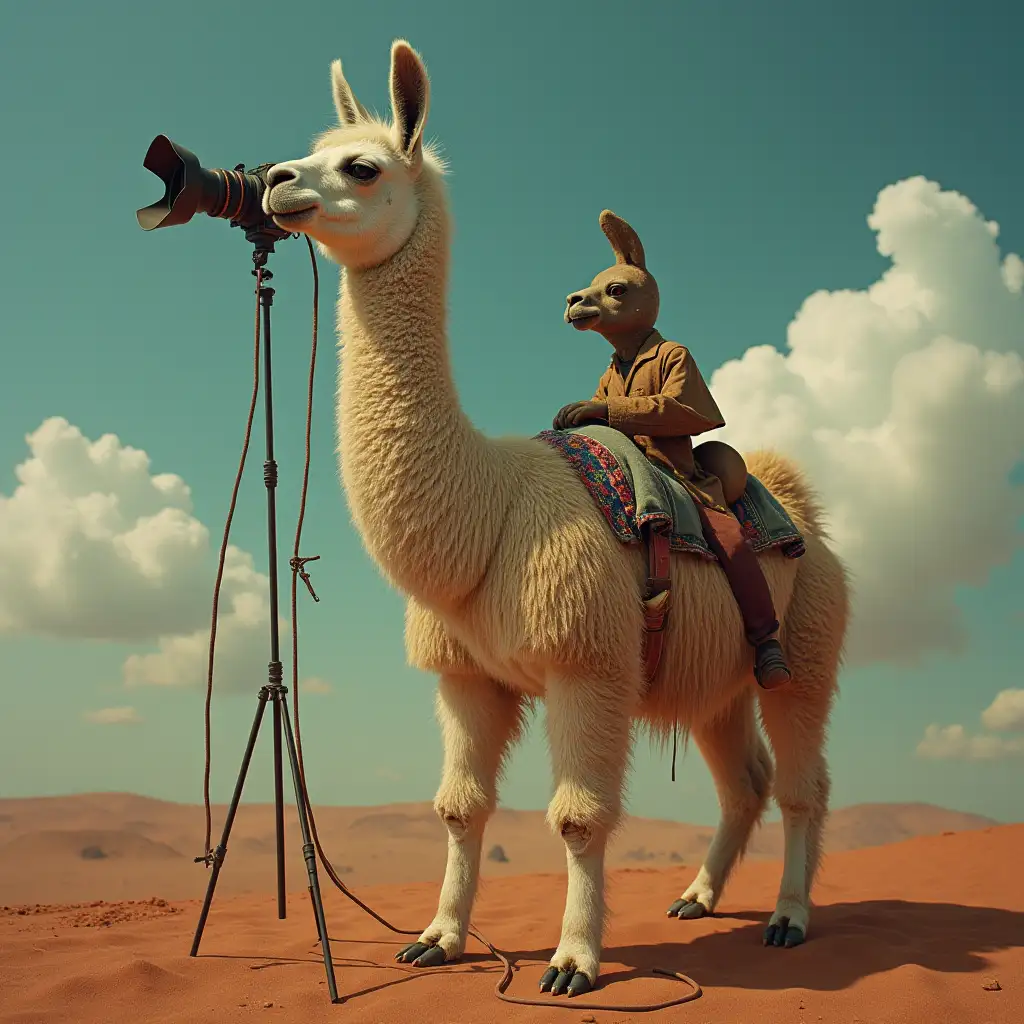 a llama taking photographs with a camera with unusual and unexpected elements, in the style of Salvador Dali's Surrealism