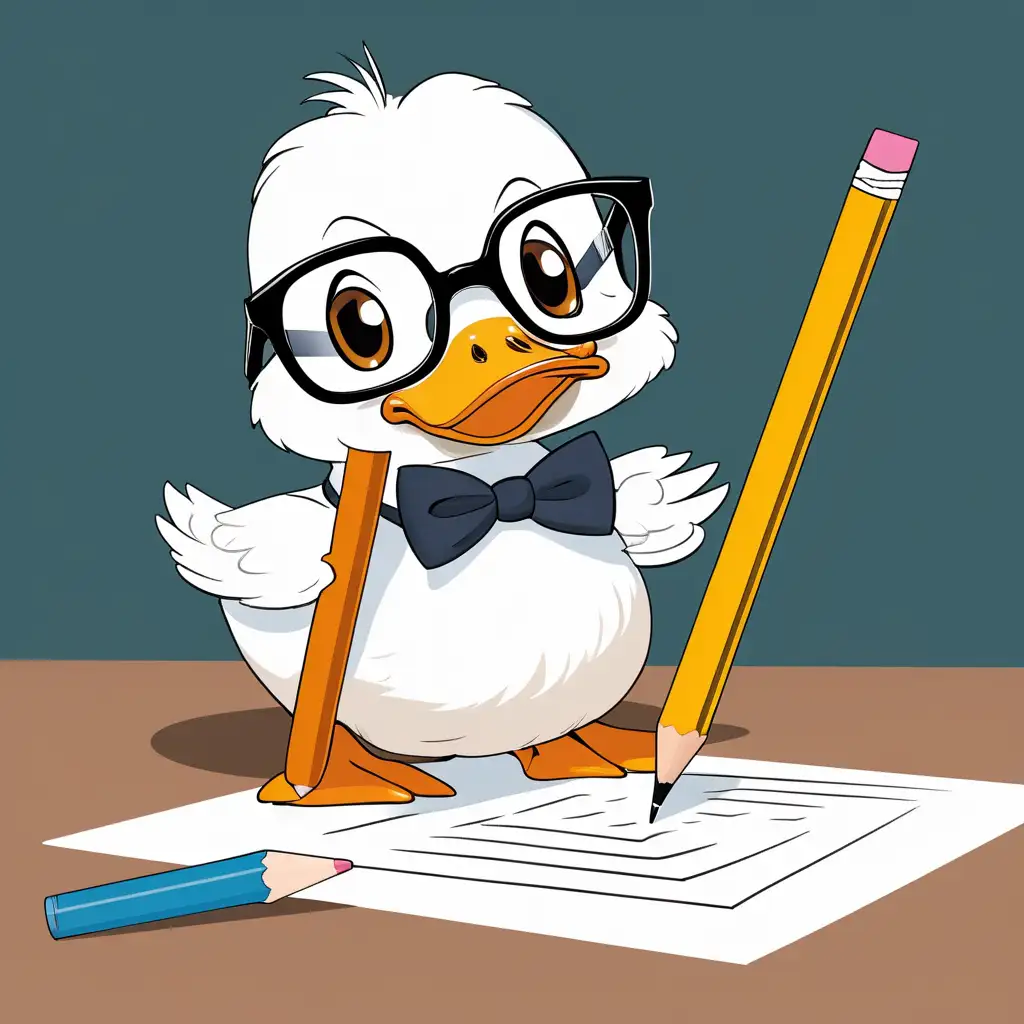 A cute duck, wearing glasses, holding a pencil to do tests, wants a side view