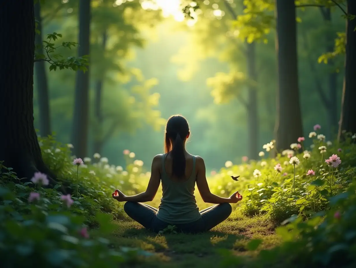 Scene of a peaceful forest with lush greenery, soft sunlight filtering through tall trees, and birds chirping in the background. A calm, serene atmosphere is created as a person sits in a meditative posture, eyes closed, surrounded by nature. The air is still, and the person is deeply focused in their meditation, embodying tranquility. The forest is rich with vibrant flora and sounds of nature, adding to the peacefulness of the moment.