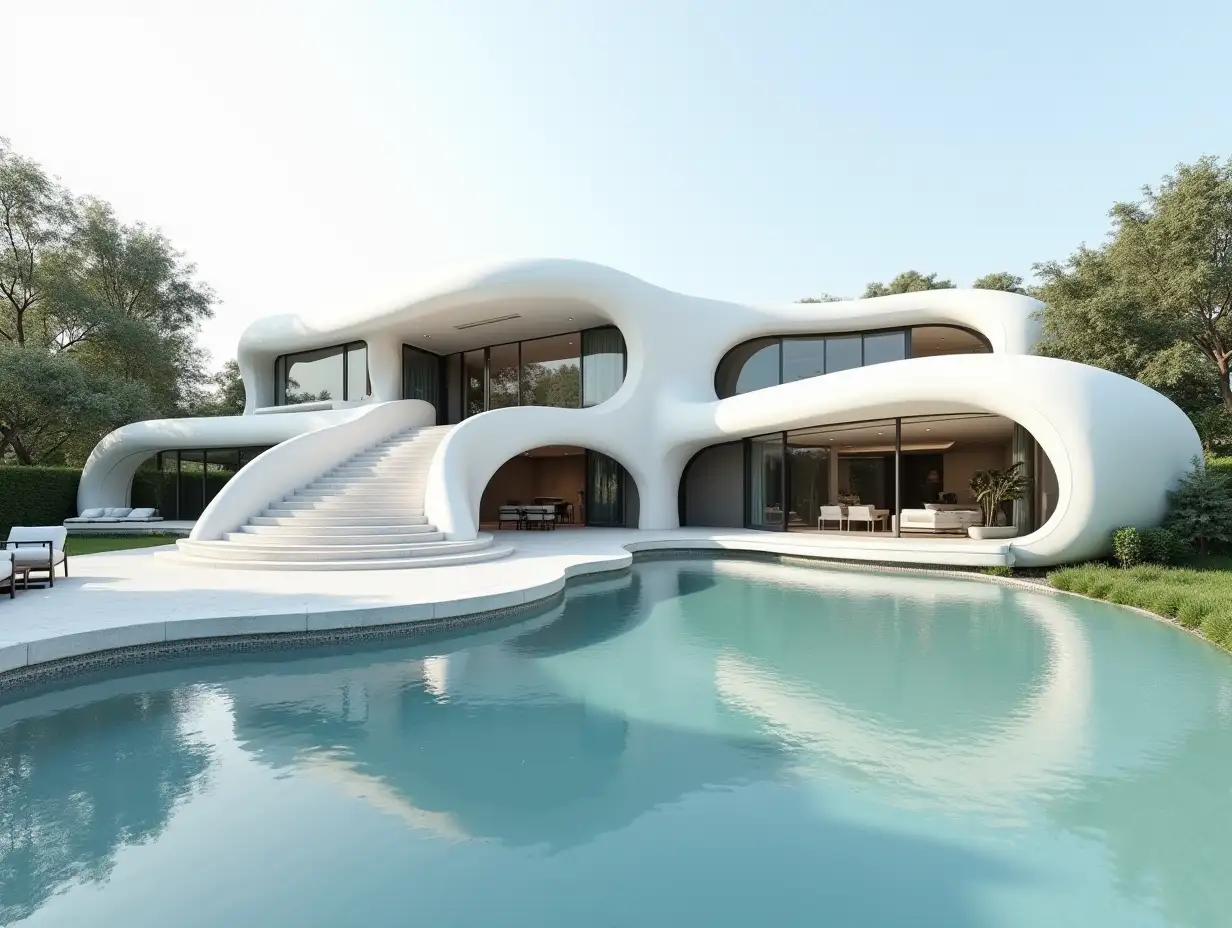 Curvilinear house with pond in White-with stucco in the form of plant ornaments, large windows with glass to, curved, smooth window shapes, winding grand entrance staircase complex curved roof