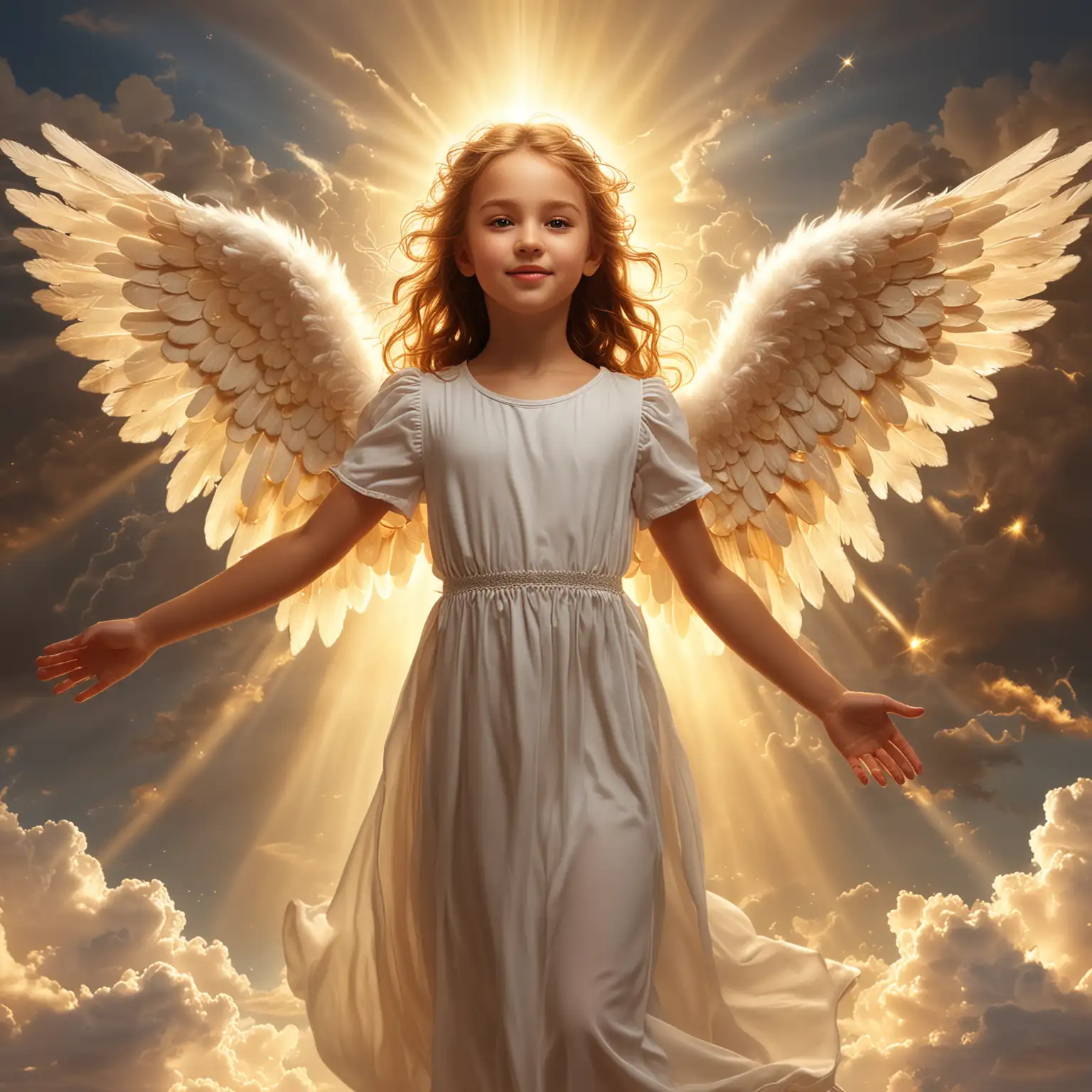 Golden Light Angel Girl in Heavenly Clouds