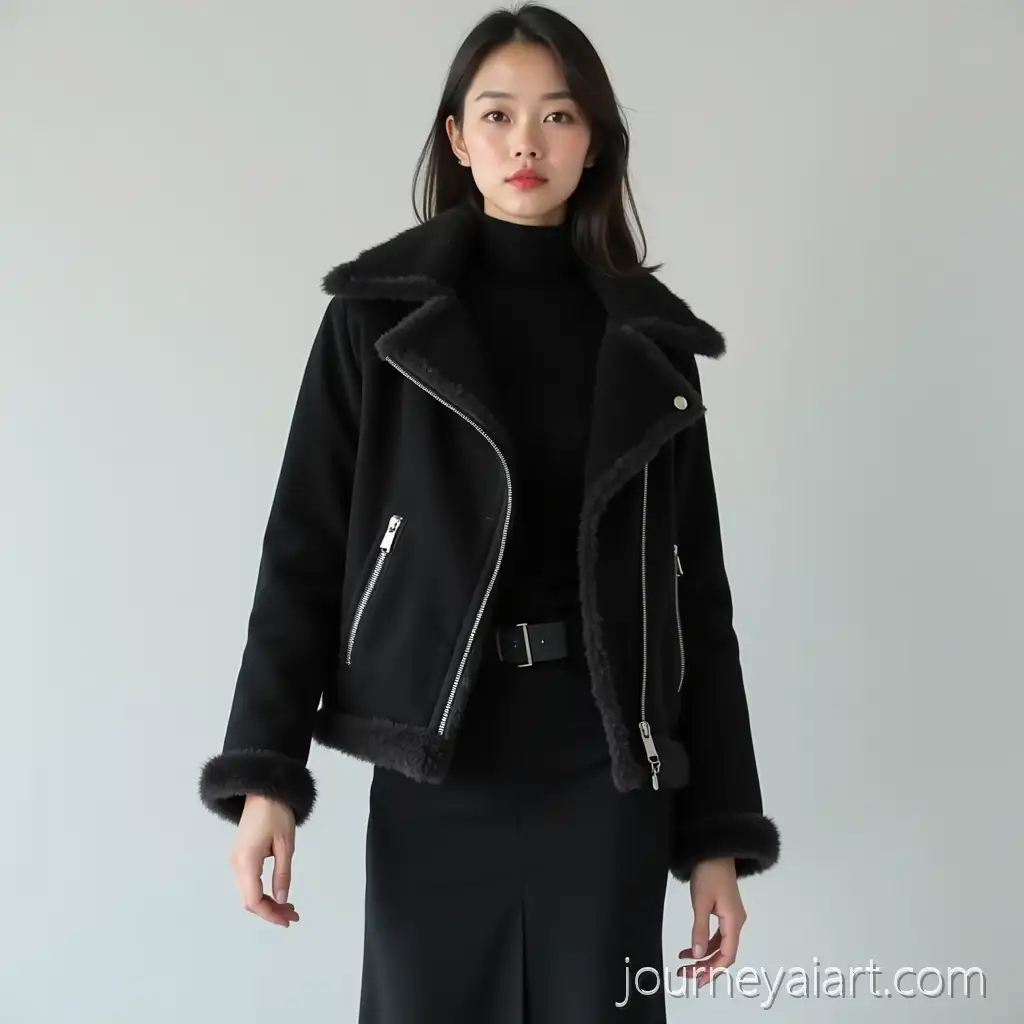 Tall-Woman-in-Black-Shearling-Suit-Jacket-with-Bullskin-Mermaid-Skirt-and-Tight-Gloves