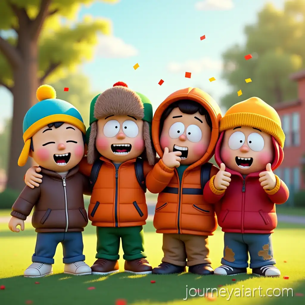 South-Park-Style-Boys-Celebrating-on-School-Lawn-with-Confetti-in-Summer-Golden-Hour