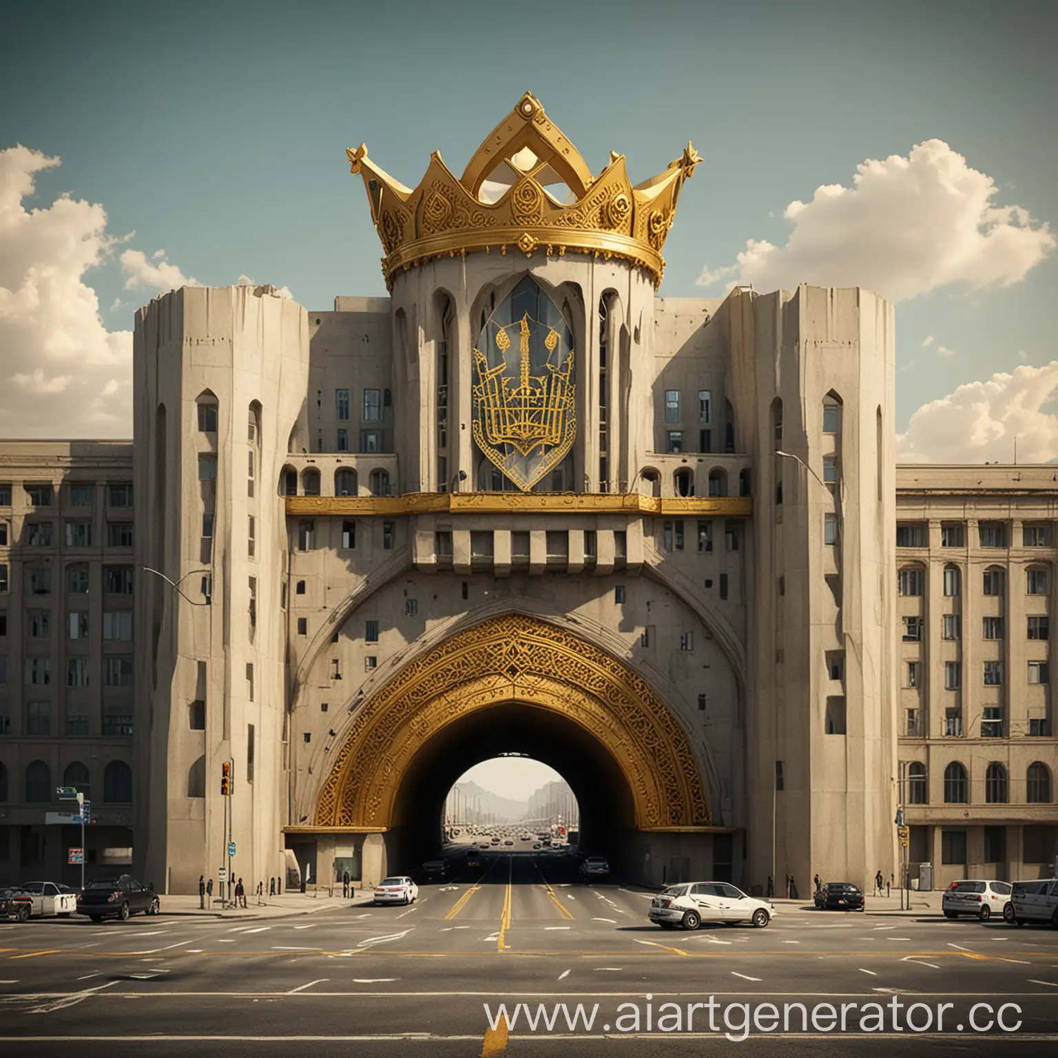 Urban-Landscape-with-Persian-Aryan-Facade-Building-and-Highway-Tunnel