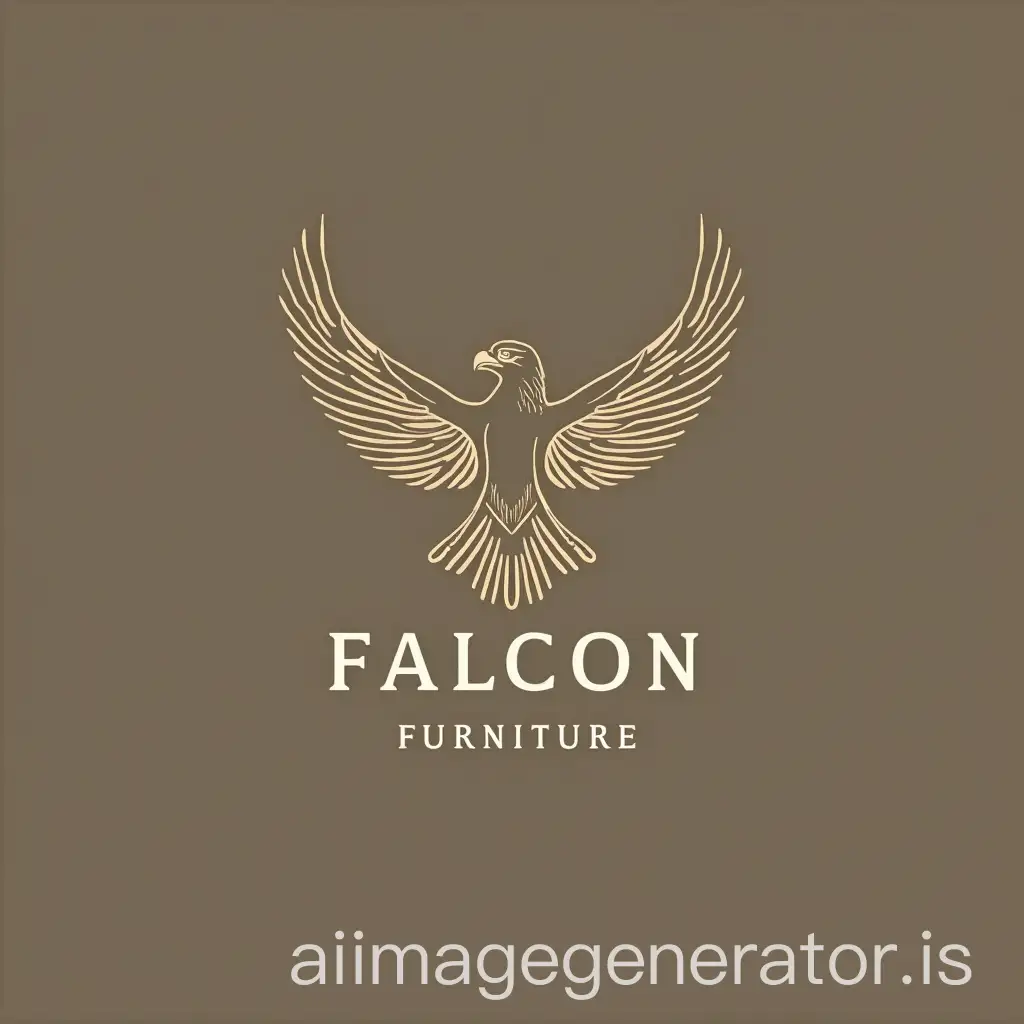 Create a premium emblem for the furniture company 'Falcon Furniture'. The logo should look elegant, stylish and memorable. A mandatory element is an image of a falcon in a luxurious, elegant style, symbolizing power, grace and reliability. The falcon can be executed in a minimalist, but detailed design, possibly with curved lines or in gold stamping. It can be integrated with furniture elements (for example, a chair silhouette, table or wooden texture). Color palette - light natural tones (beige, woody shades, golden, white). Font - elegant, but strict, conveying a sense of reliability and high quality. The general style is premium, concise, but with a distinctive personality.