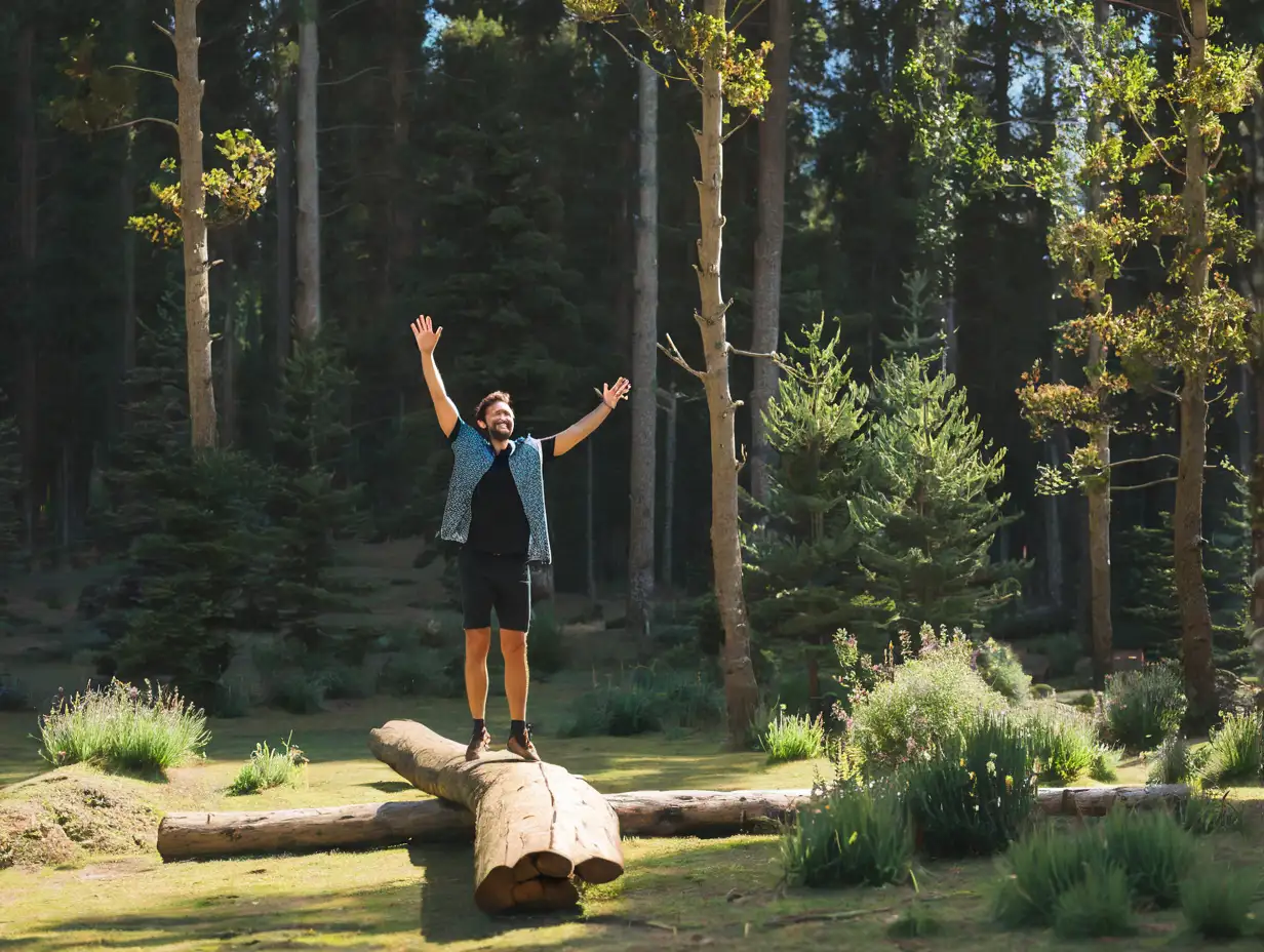 Man Balancing on Log with Joyful Expression