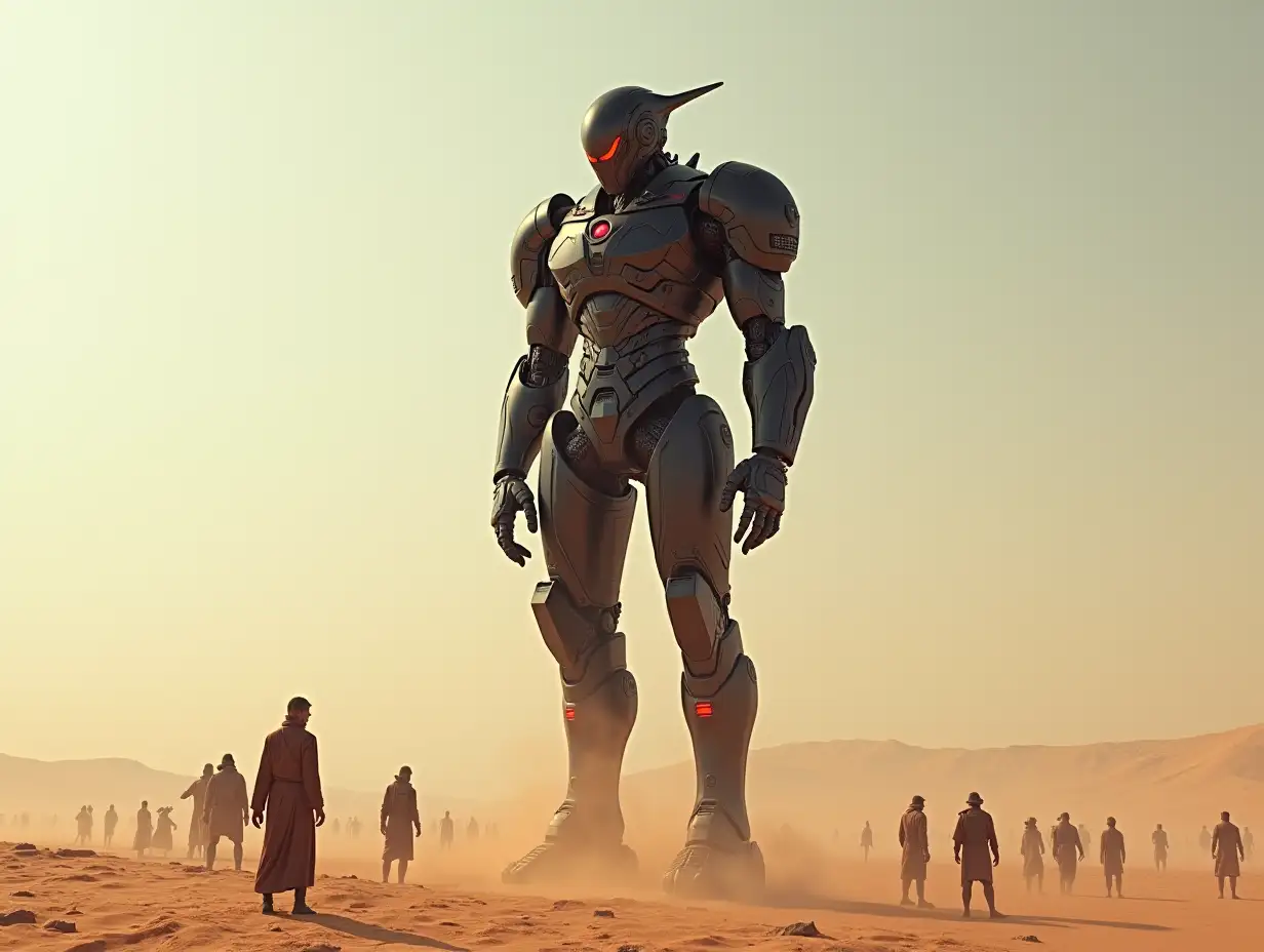 Create for me a 20 meter Android Titan Cyber Human in black red with armor in a vast desert with many people