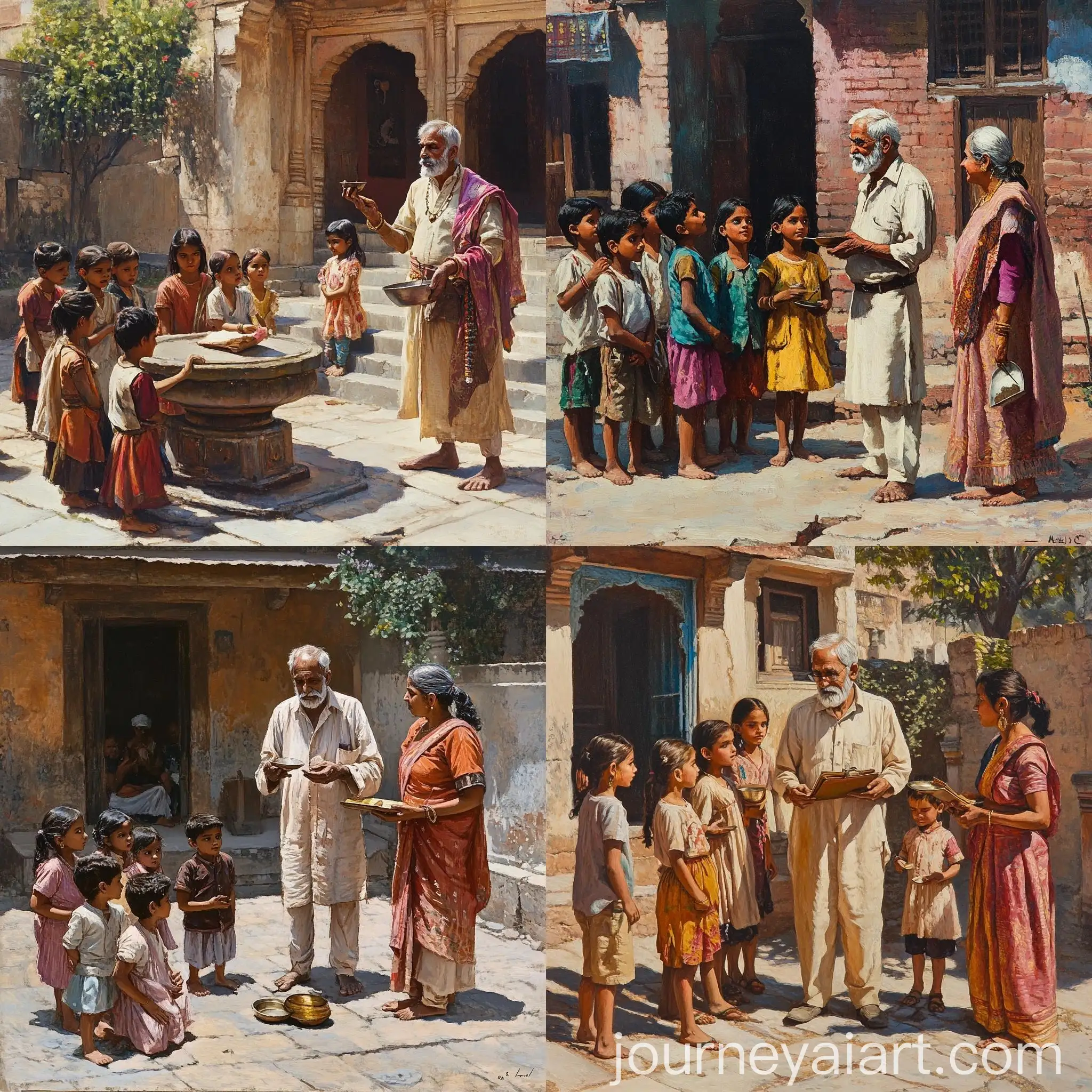 Indian-Elder-Teaching-Children-in-Courtyard-with-Scolding-Girl-and-Old-Lady