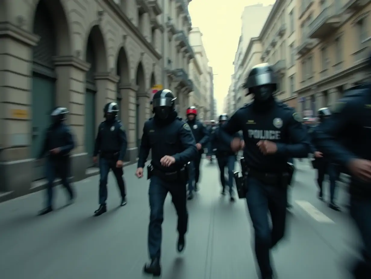 A dramatic image in a photojournalistic style: A person in motion blur runs through an urban street scene, while police officers are visible in the background. The scene is held in muted, documentary colors, with natural light and a cinematic composition. The focus lies on the dynamics of movement and the tension of the moment.