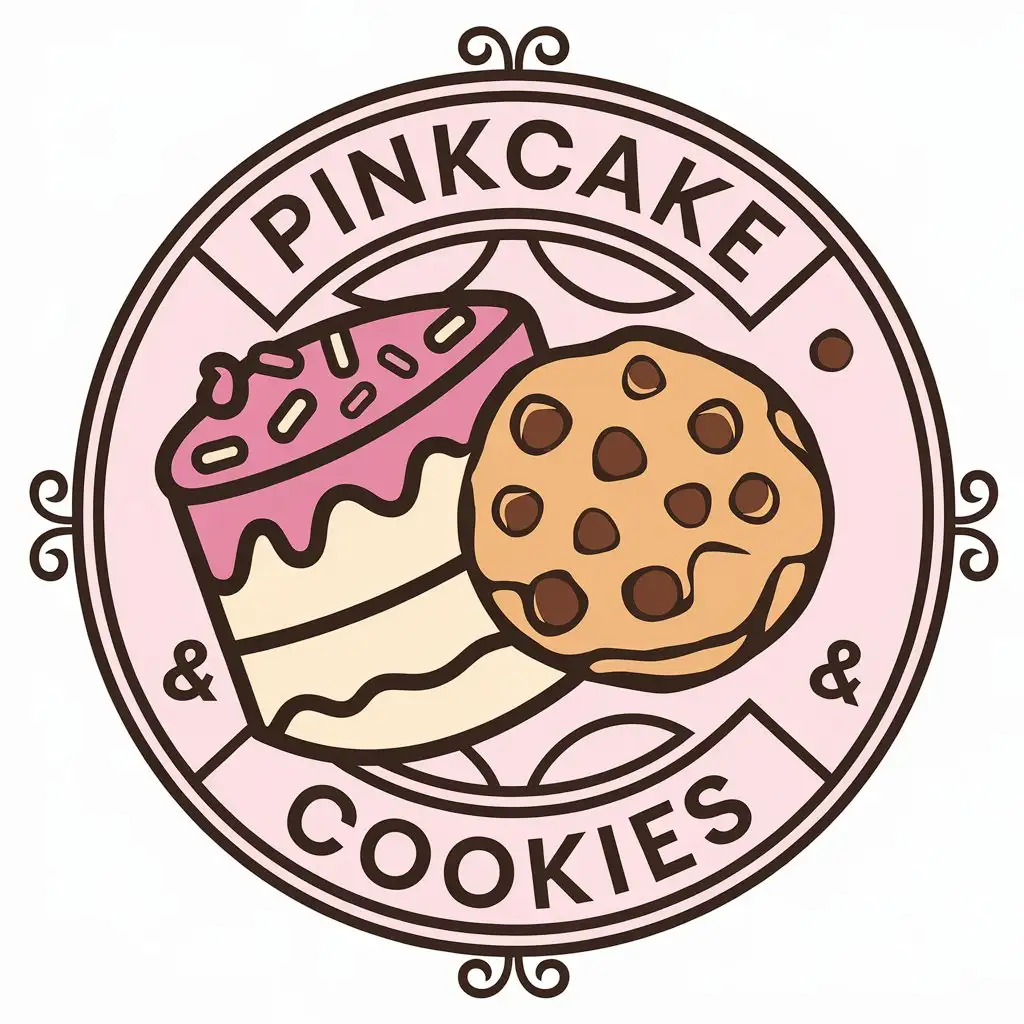 a vector logo design,with the text "pinkcake & cookies", main symbol:cake and cookie,complex,be used in cake and making sweets industry,clear background